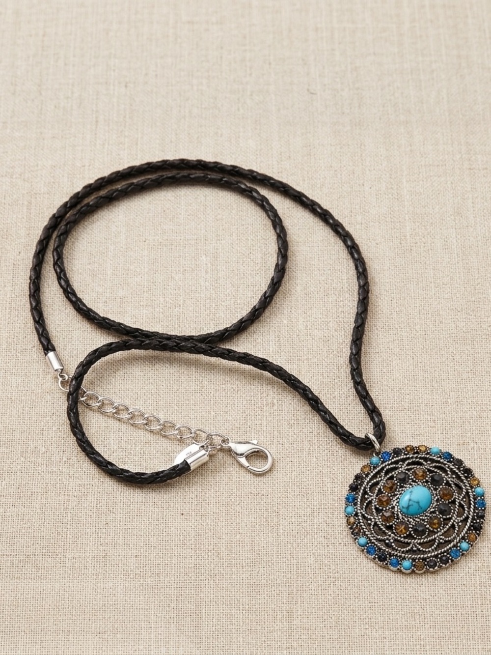 Fashion Jewelry Black Braided Cord Necklace with Turquoise and Brown Accents